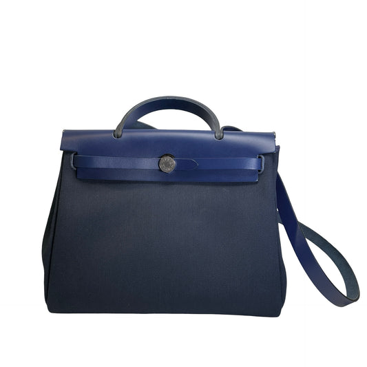 Used HERMES Canvas Leather Herbag 31 Handbag Navy PHW