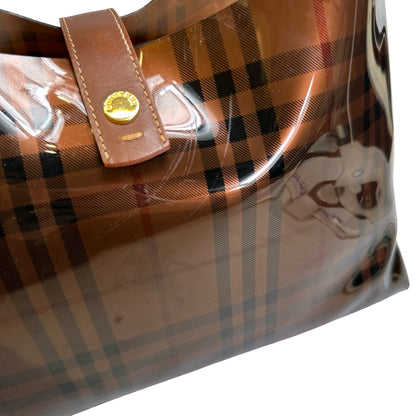 Used BURBERRY Check PVC Tote Handbag Brown