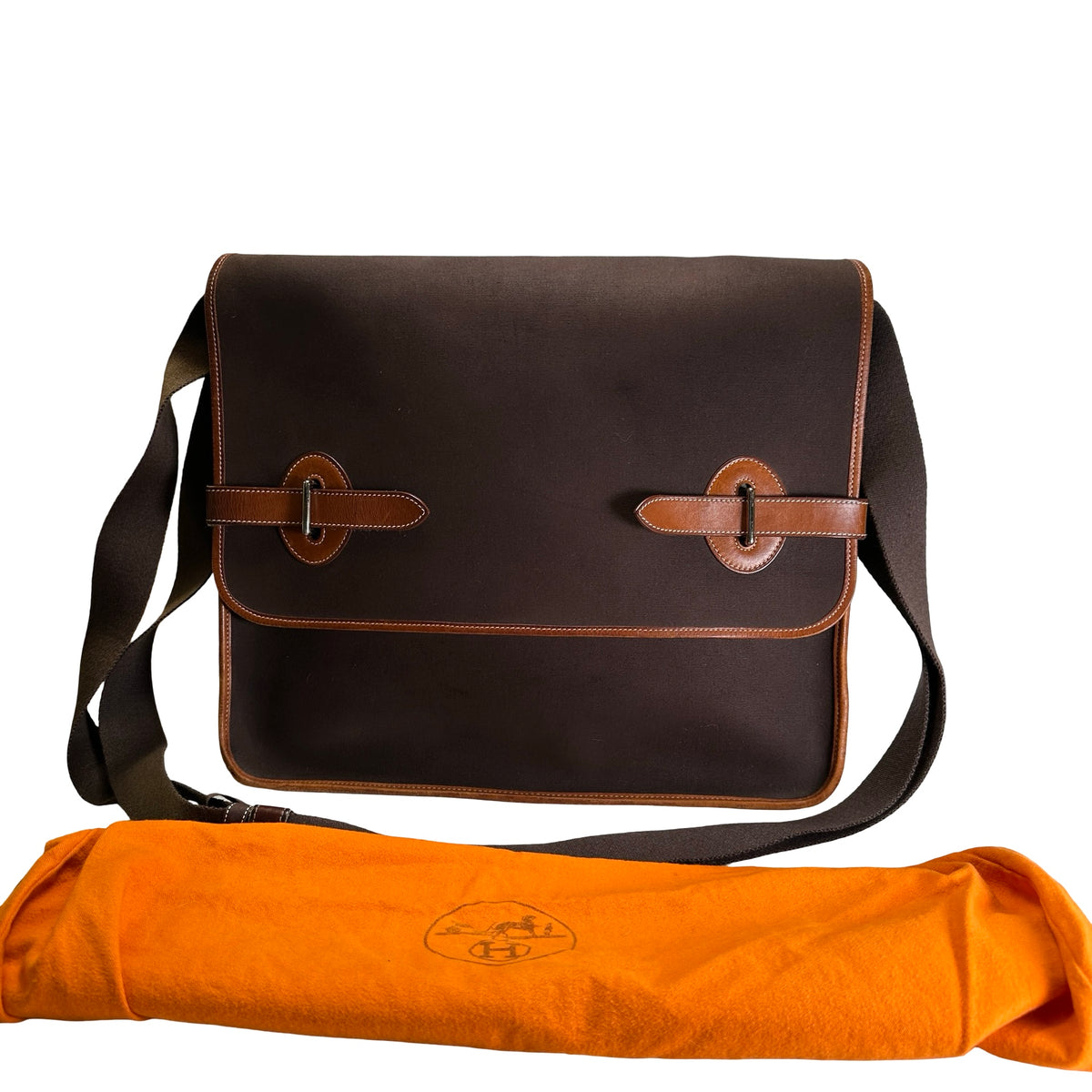 Used HERMES Canvas Leather Barda Shoulder Bag Brown