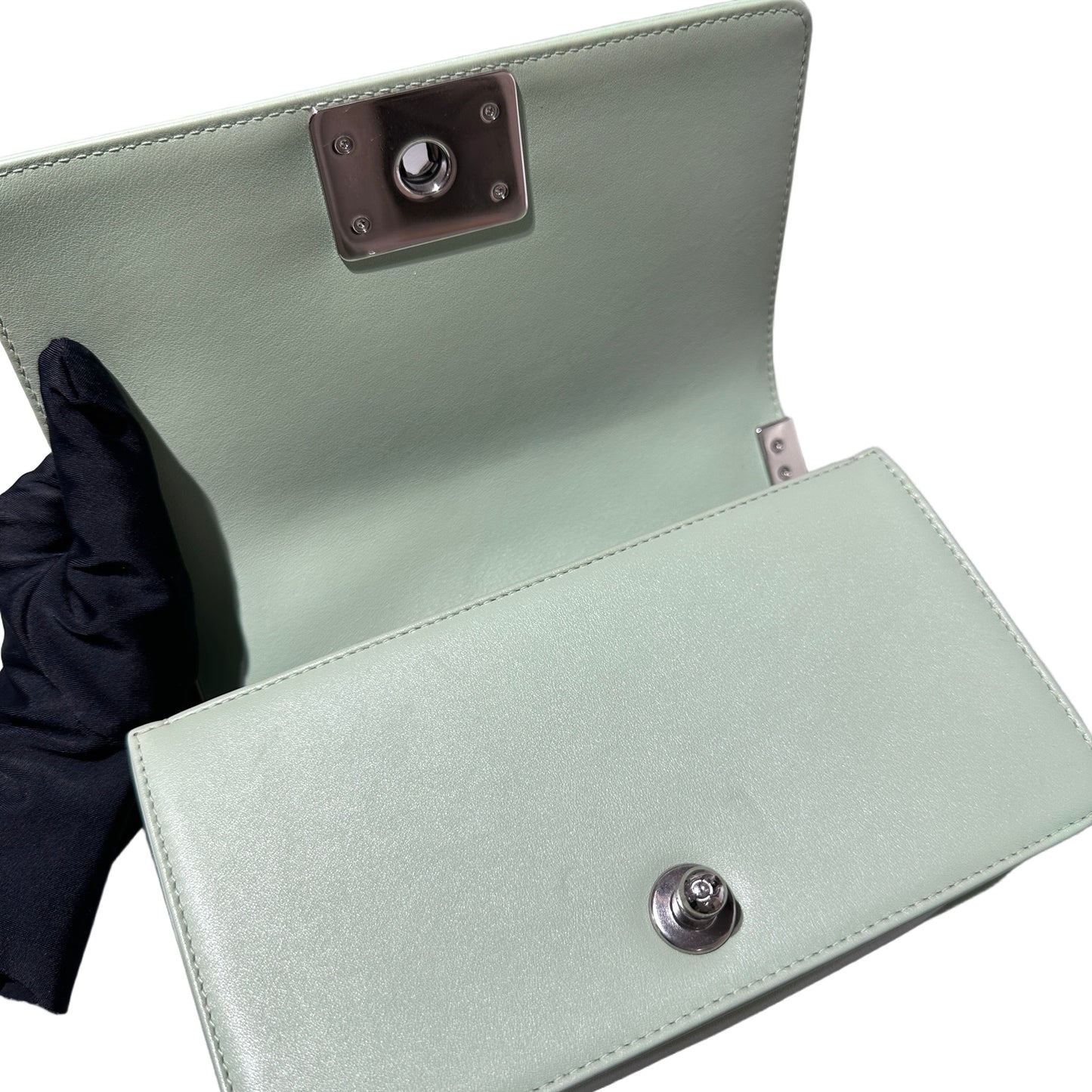 Used CHANEL Boy 20cm Cross Body Bag Green PHW