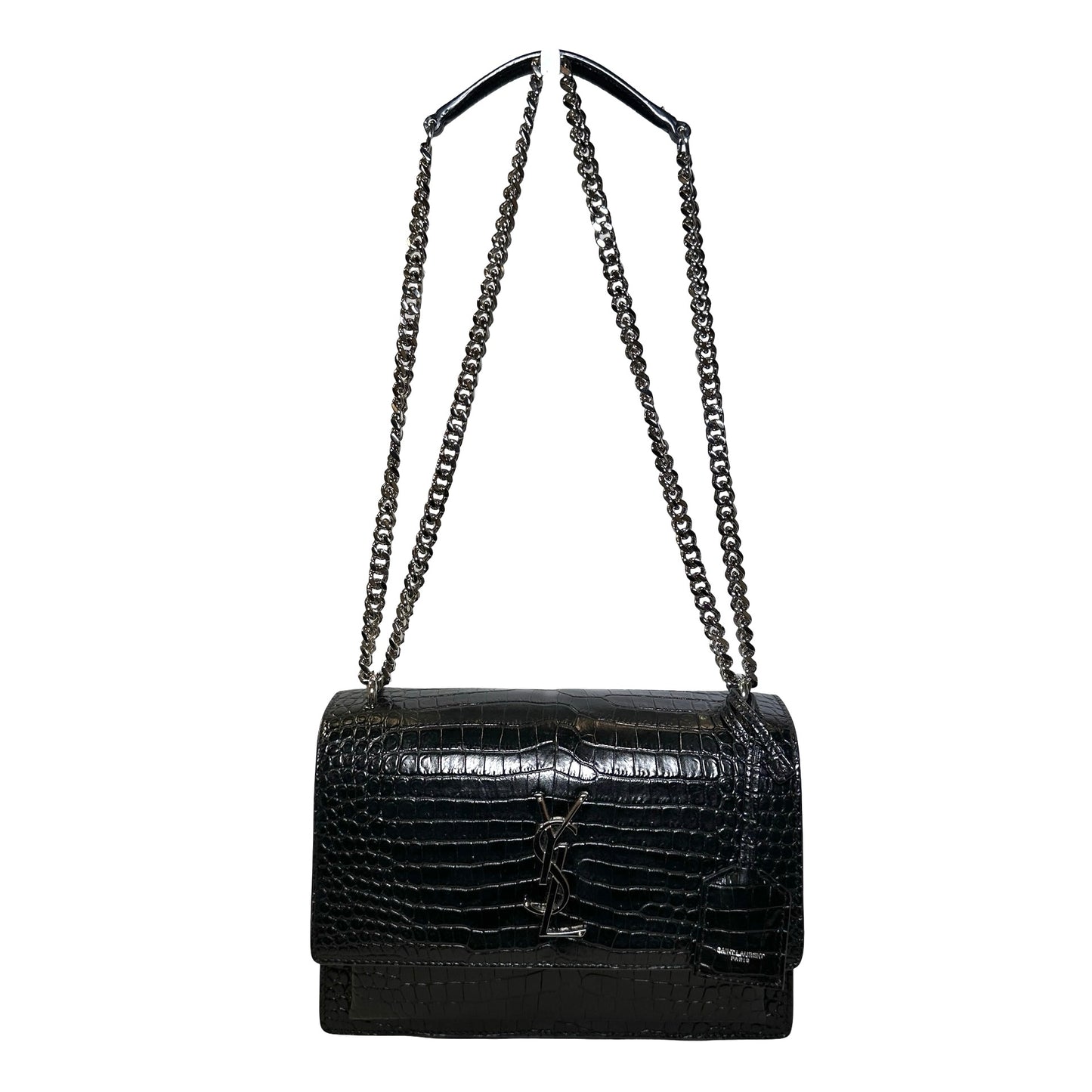 SAINT LAURENT Crocodile Embossed Leather Sunset Chain Shoulder Bag Black PHW