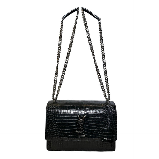SAINT LAURENT Crocodile Embossed Leather Sunset Chain Shoulder Bag Black PHW