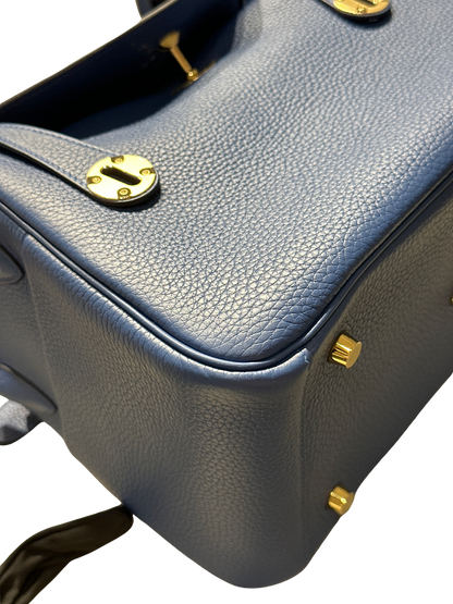 Brand New HERMES Clemence Lindy 26 Handbag Blue GHW