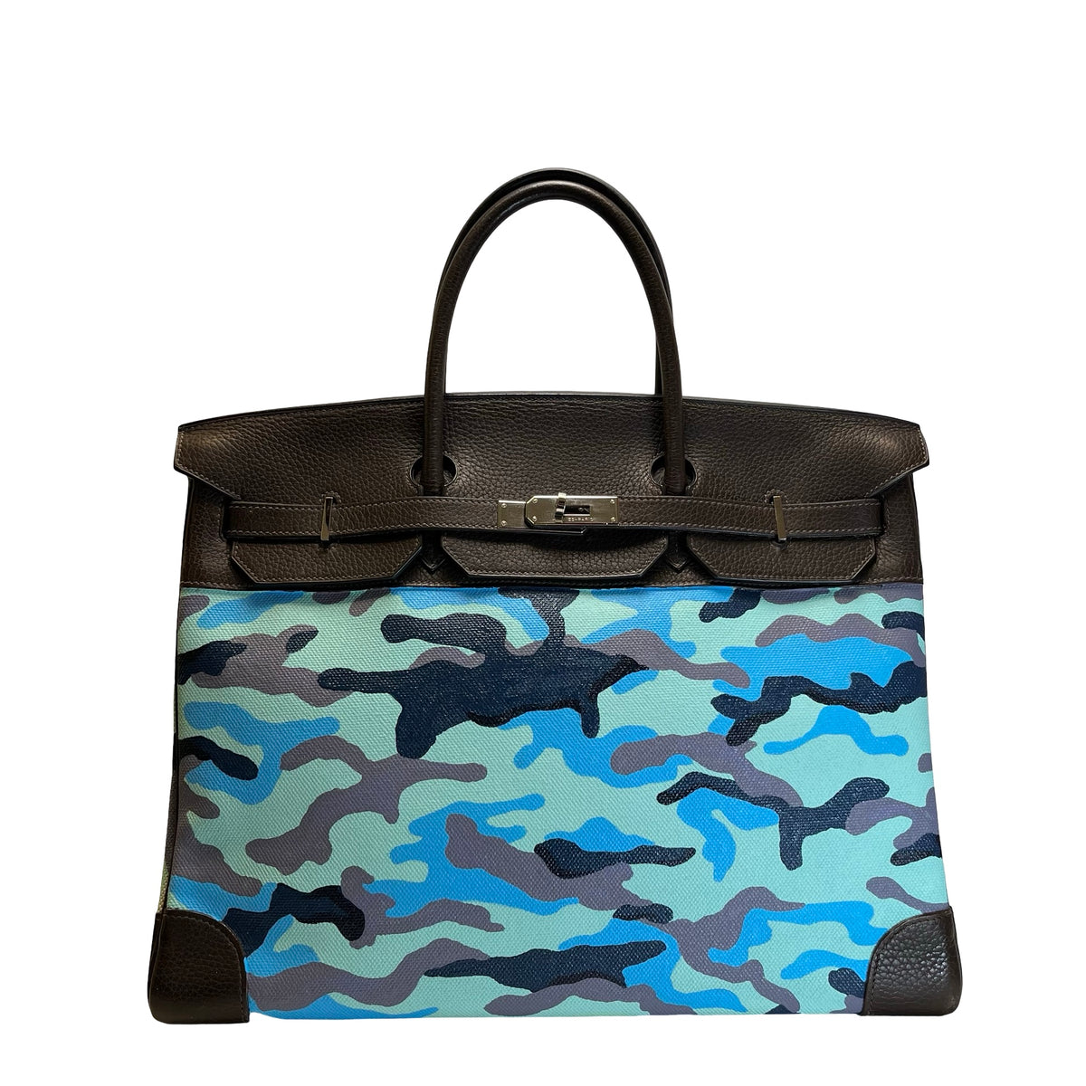 Used HERMES Camouflage Leather Toile HAC Birkin 35 Handbag Brown Blue Green