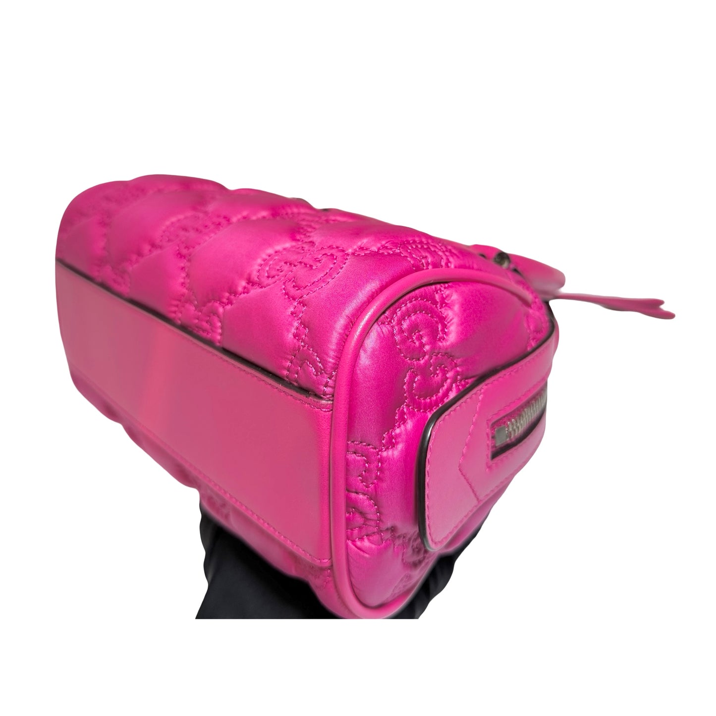 Used GUCCI GG CANVAS Calfskin Leather GG Matelasse Mini Bowling Handbag Pink PHW