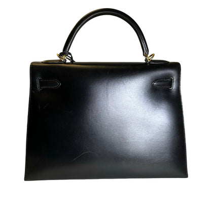 Used HERMES Box Calf Kelly 32 Handbag Black Gold