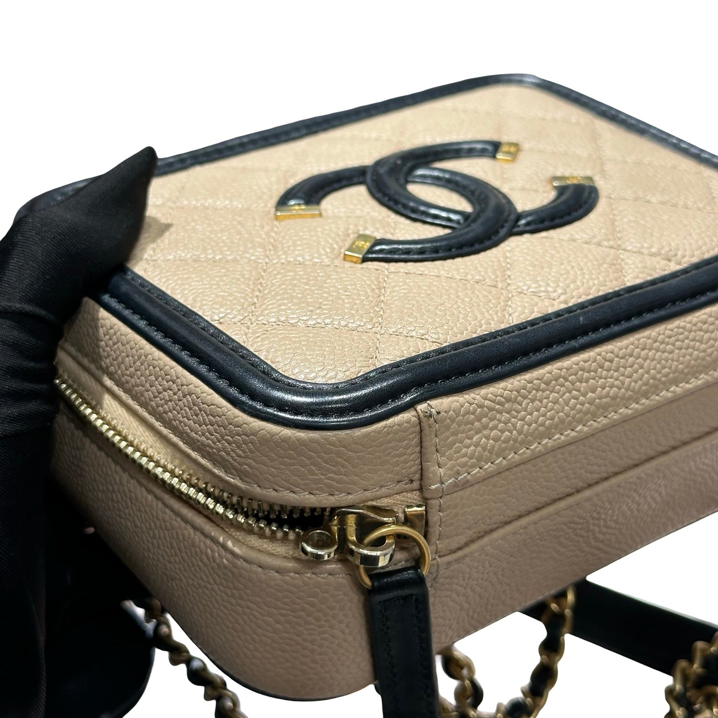 Used CHANEL Quilted Caviar Vanity Bag Vanity case Beige Black