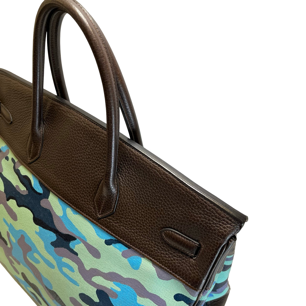 Used HERMES Camouflage Leather Toile HAC Birkin 35 Handbag Brown Blue Green