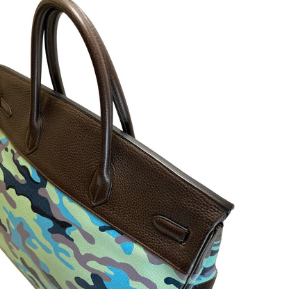 Used HERMES Camouflage Leather Toile HAC Birkin 35 Handbag Brown Blue Green