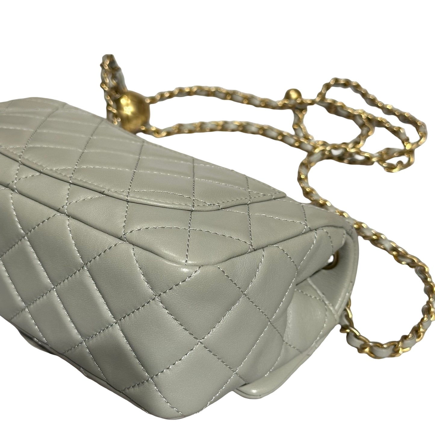 Used CHANEL Lambskin Leather Classic Flap with Gold Ball Chain Shoulder Bag Grey GHW