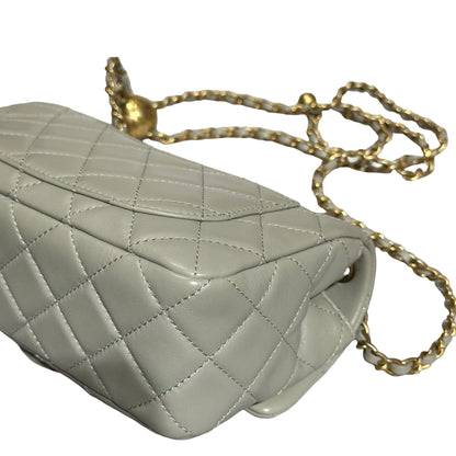 Used CHANEL Lambskin Leather Classic Flap with Gold Ball Chain Shoulder Bag Grey GHW