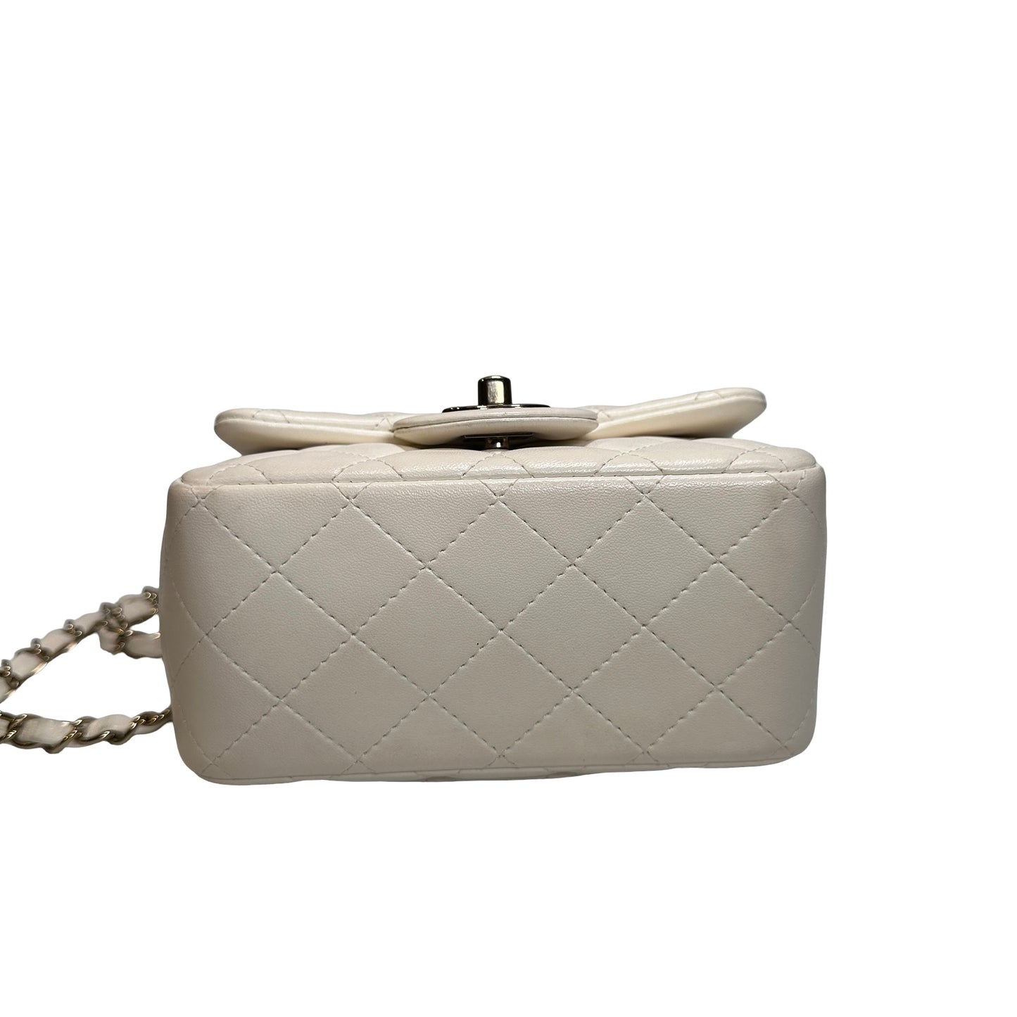 Used CHANEL Quilted Lambskin Classic Mini Rectangular Flap Bag Chain Shoulder Bag White GHW