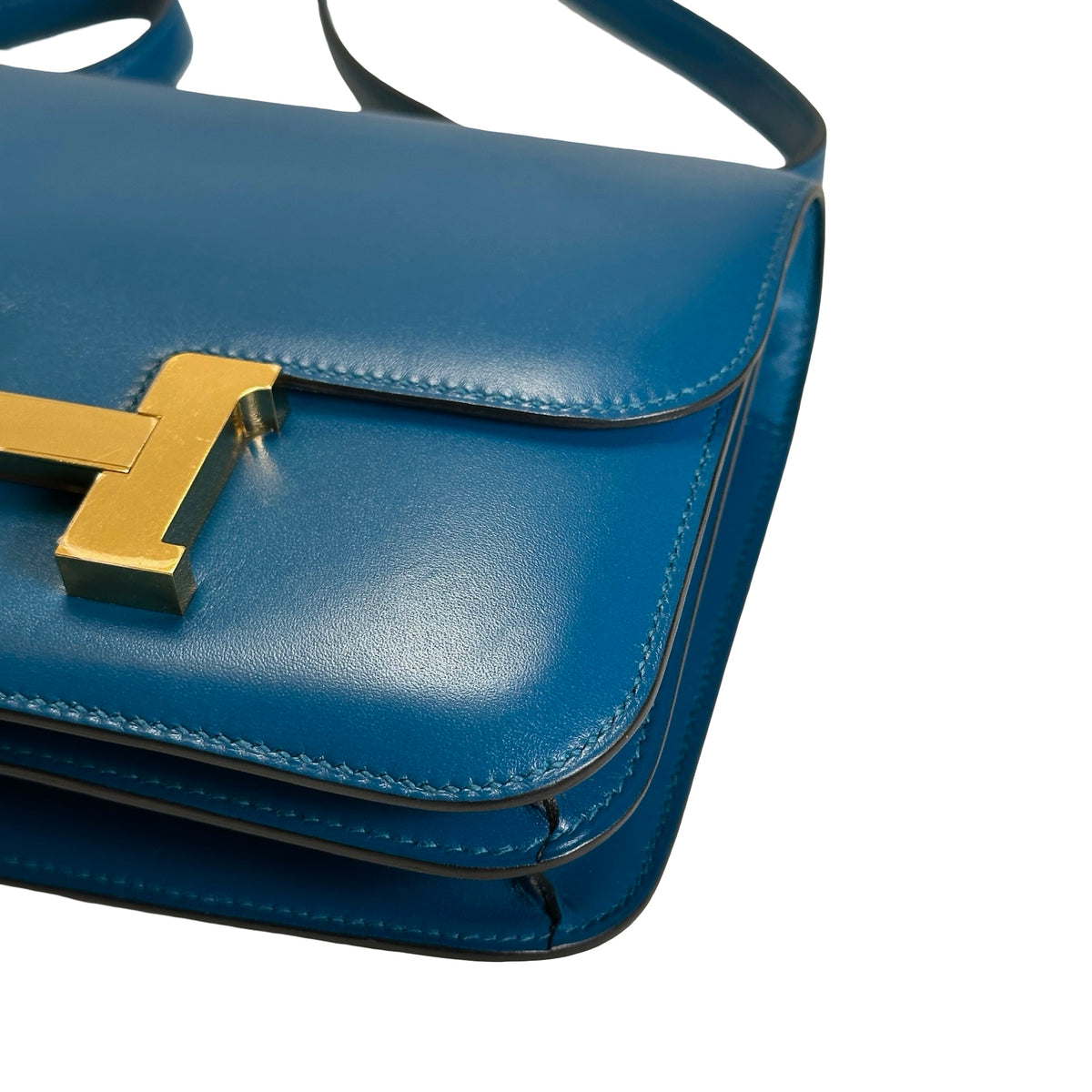 Used HERMES Epsom Leather Constance Shoulder Bag Blue Gold Hardware