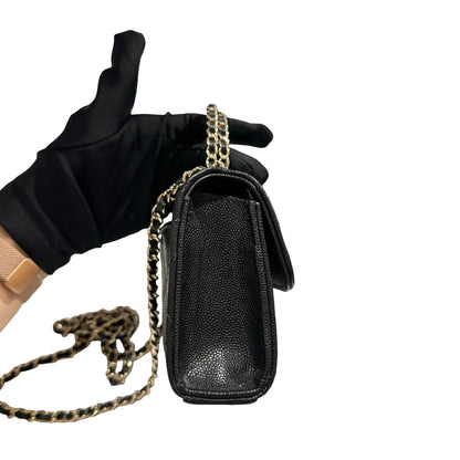 Used CHANEL Quilted Caviar Handle Classic Flap Handbag Black Gold