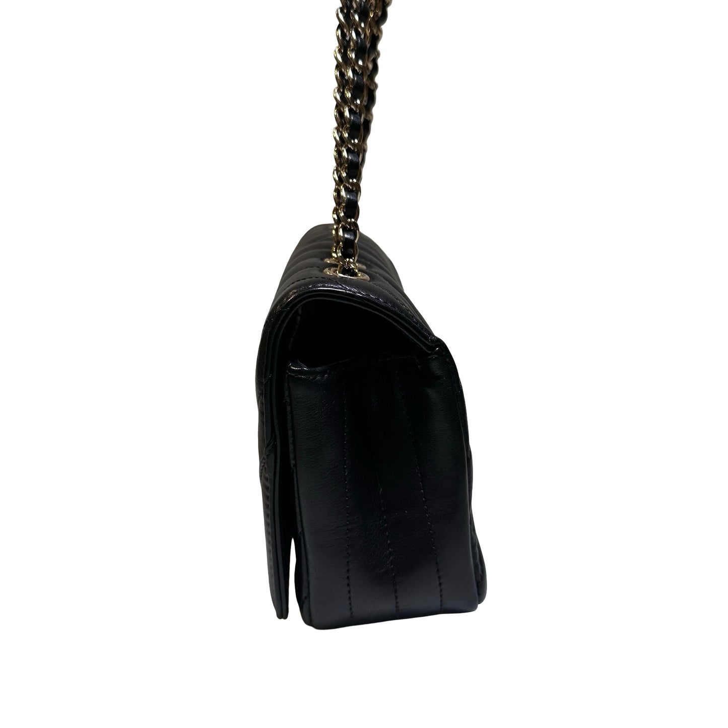 Used CHANEL Chevron Lambskin Chevron Flap Bag Chain Shoulder Bag Black Gold
