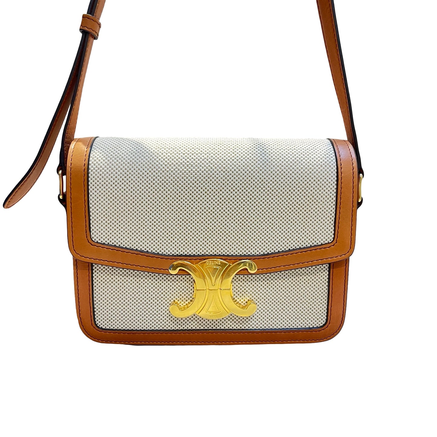 Used CÉLINE Calfskin Leather Triomphe Teen Small Shoulder Bag Natural Tan