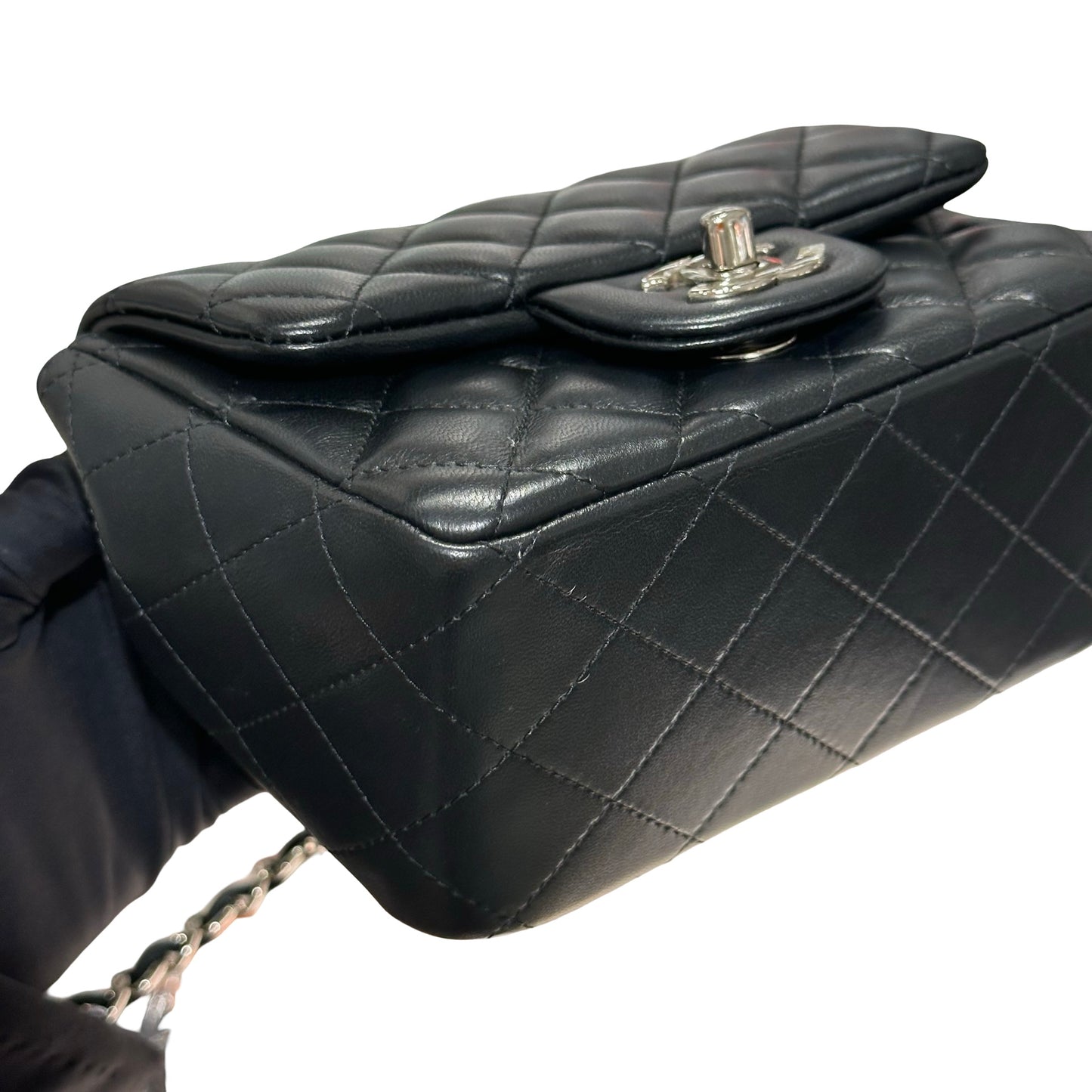 Used CHANEL Lambskin Leather Mini flap 17cm Cross Body Bag Black PHW