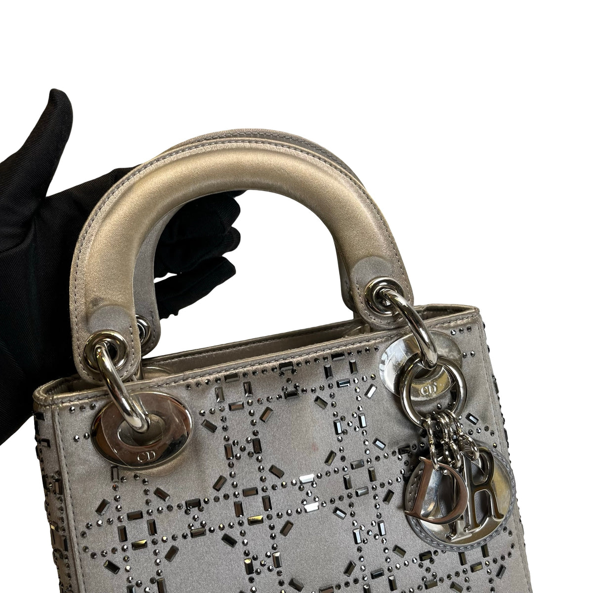 DIOR Cannage Studded Lady Dior Handbag Grey Silver