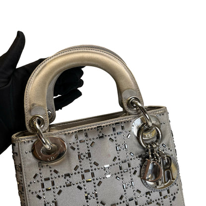 DIOR Cannage Studded Lady Dior Handbag Grey Silver