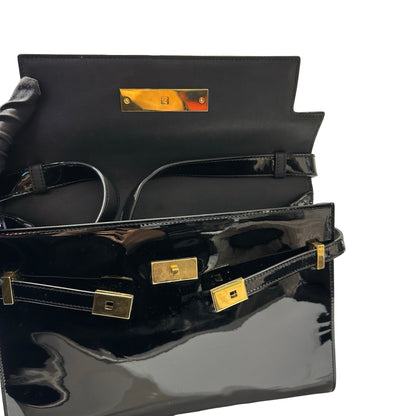 Used SAINT LAURENT Patent Leather Manhattan Medium Shoulder Bag Black GHW