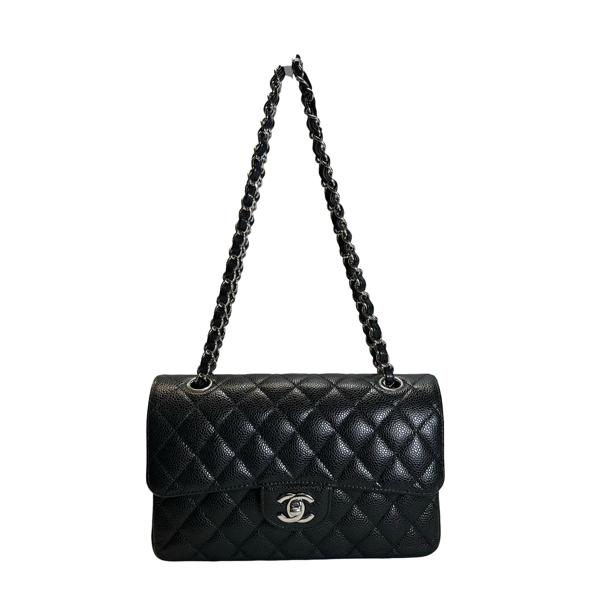 Used CHANEL Quilted Caviar Classic Flap 23 Chain Shoulder Bag Black Silver
