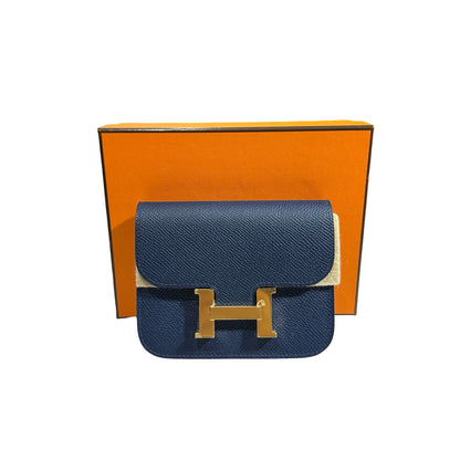 Used HERMÈS Leather Used Hermès Leather Constance Slim Wallet Wallet Navy Blue GHW