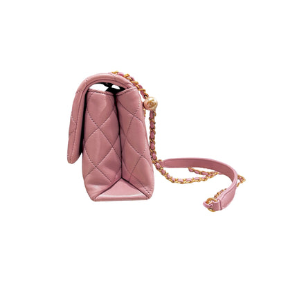 Used CHANEL Lambskin Cross Body Bag Pink GHW