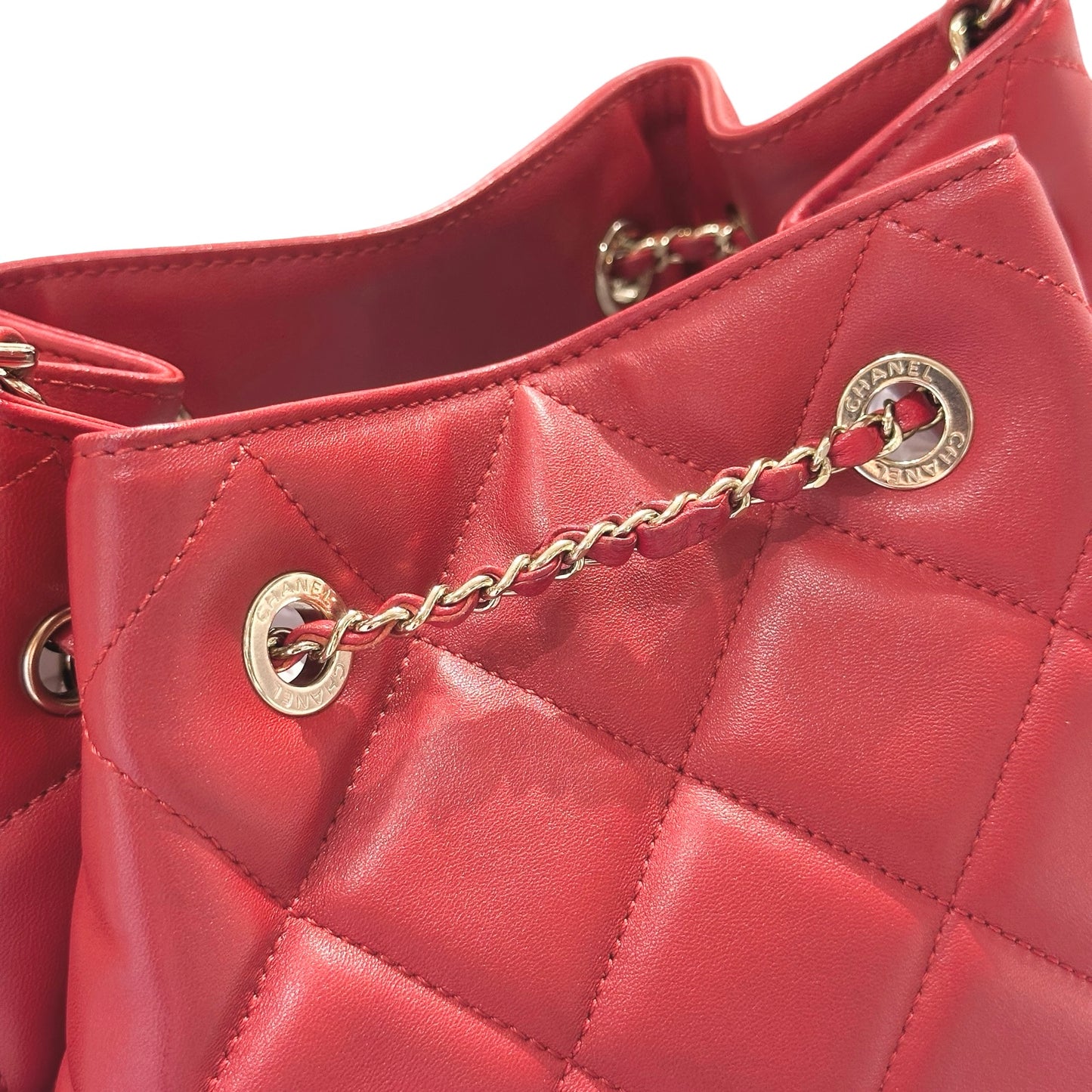 Used CHANEL Lambskin Leather MINI DRAWSTRING BUCKET Cross Body Bag Red
