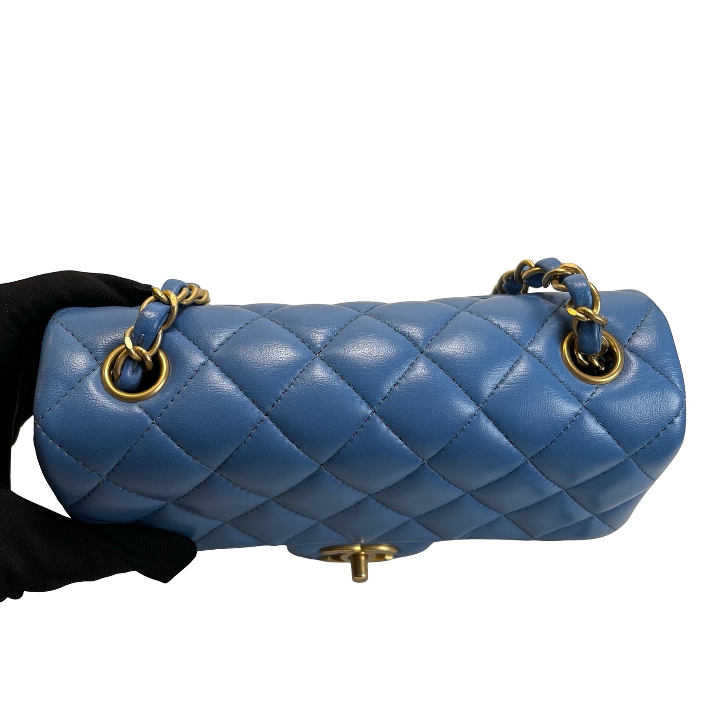 Used CHANEL Quilted Lambskin Classic Flap Handbag Blue Gold hardware
