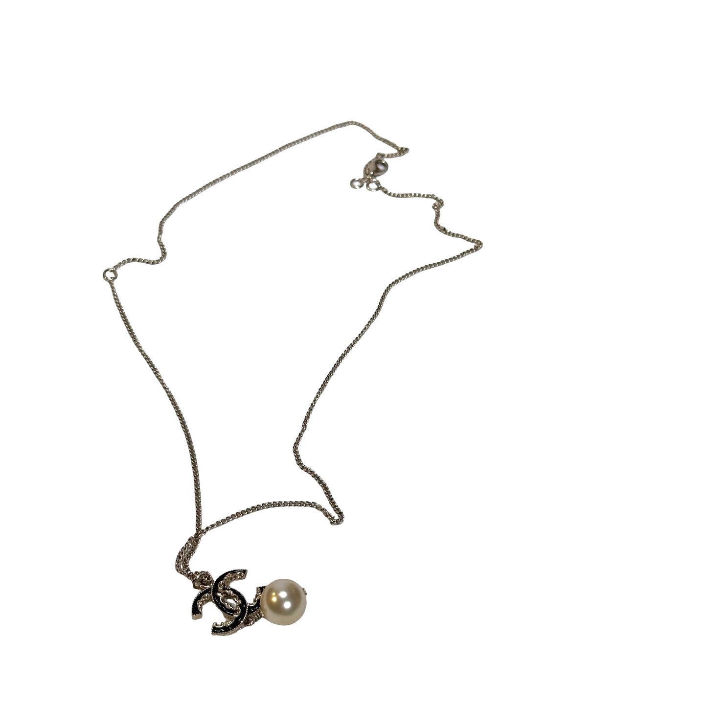 Used CHANEL CC Logo Pearl Drop Necklace Silver Pearl