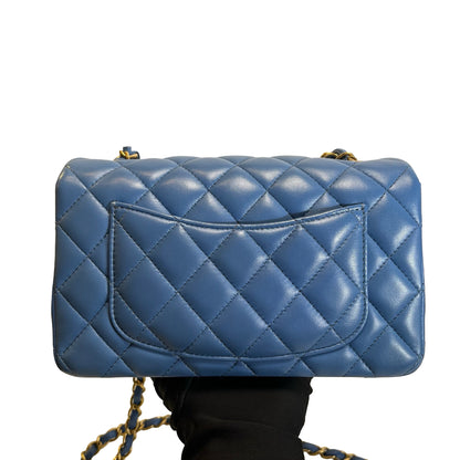 Used CHANEL Quilted Lambskin Classic Flap Handbag Blue Gold hardware