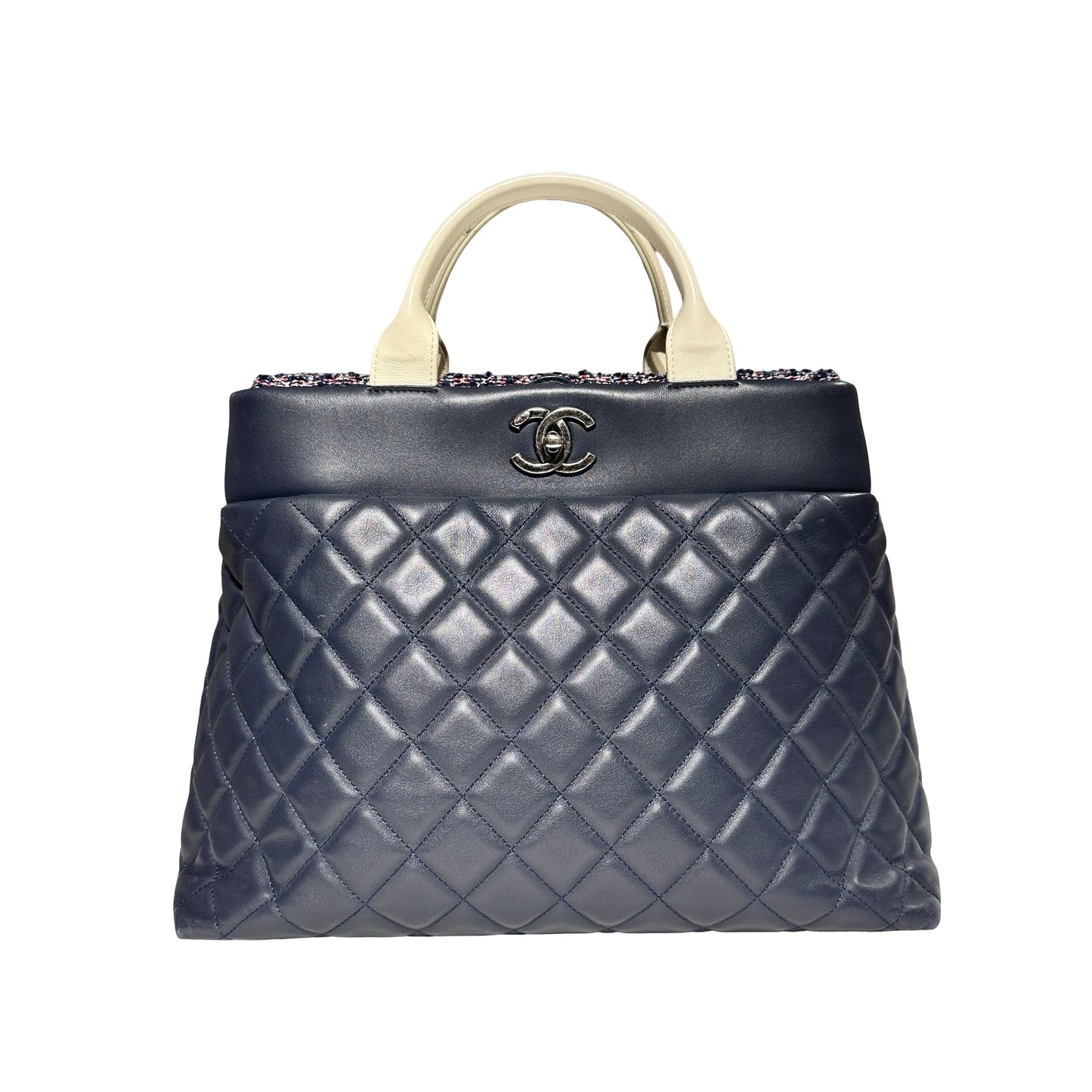 Used CHANEL Lambskin Leather Tweed Airlines Portobello Two Way Shoulder Bag Blue White PHW