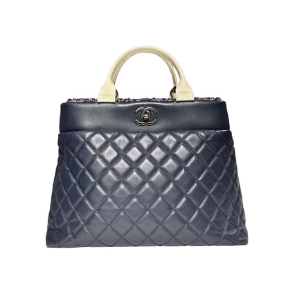 Used CHANEL Lambskin Leather Tweed Airlines Portobello Two Way Shoulder Bag Blue White PHW