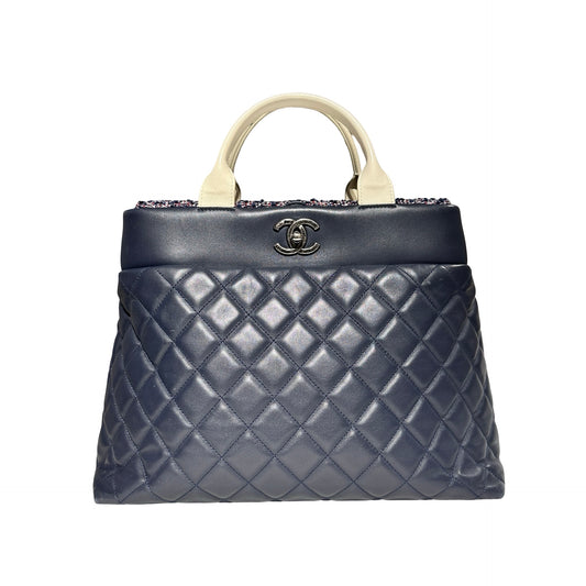 Used CHANEL Lambskin Leather Tweed Airlines Portobello Two Way Shoulder Bag Blue White PHW