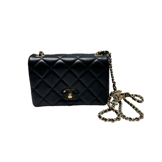 Used CHANEL Lambskin 24A Flap Adjustable Shoulder Bag Black GHW