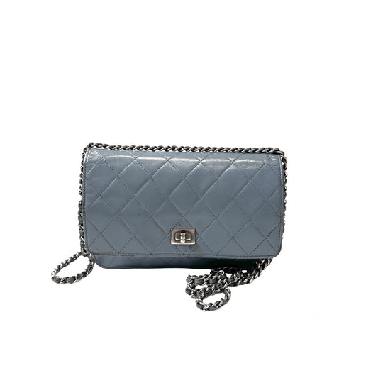 Used Chanel Shiny Calfskin WOC Cross Body Bag Baby Blue PHW