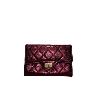 Used CHANEL Quilted Aged Calfskin 2.55 Flap Wallet Wallet Burgundy Metallic