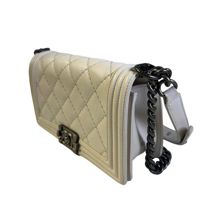 Used CHANEL Quilted Calfskin Boy Chain Shoulder Bag White