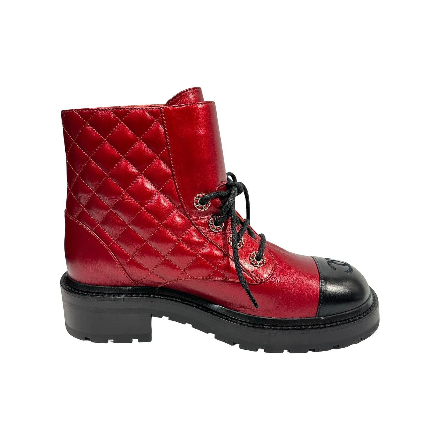 Used CHANEL Calfskin Leather Lace Up Combat Boots Shoes Red Black GHW