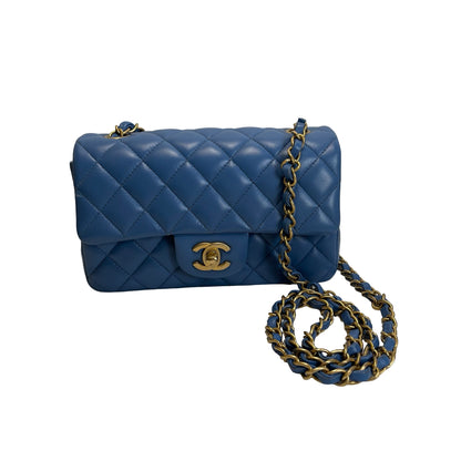 Used CHANEL Quilted Lambskin Classic Flap Handbag Blue Gold hardware