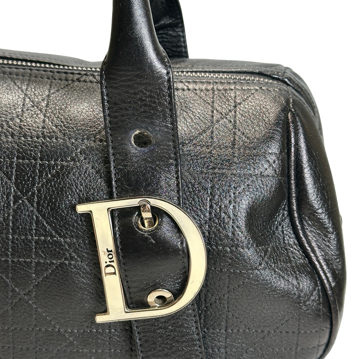 Used DIOR Cannage Leather Cannage Handbag Handbag Black Silver