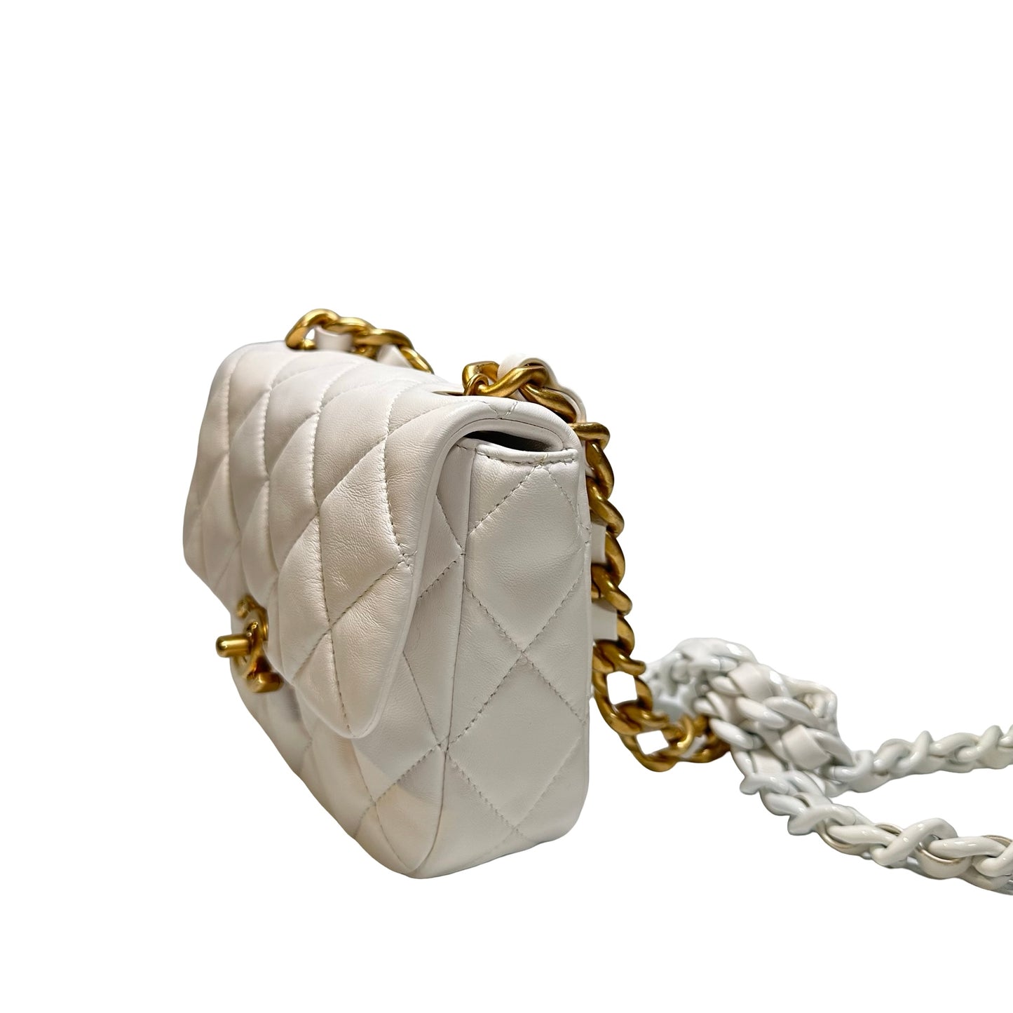 Used CHANEL Calfskin Leather Flap Cross Body Bag White GHW