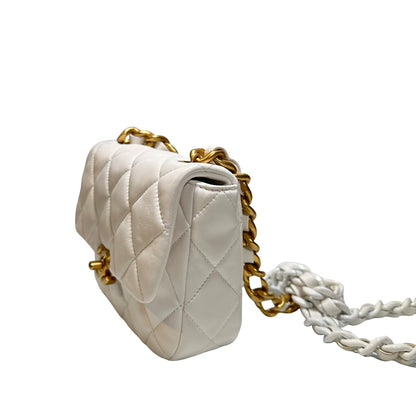 Used CHANEL Calfskin Leather Flap Cross Body Bag White GHW