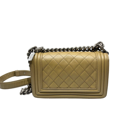 Used CHANEL Lambskin Leather Boy 20cm Shoulder Bag PHW Brown