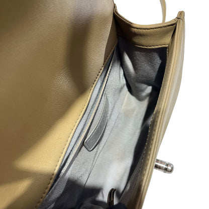 Used CHANEL Lambskin Leather Boy 20cm Shoulder Bag PHW Brown