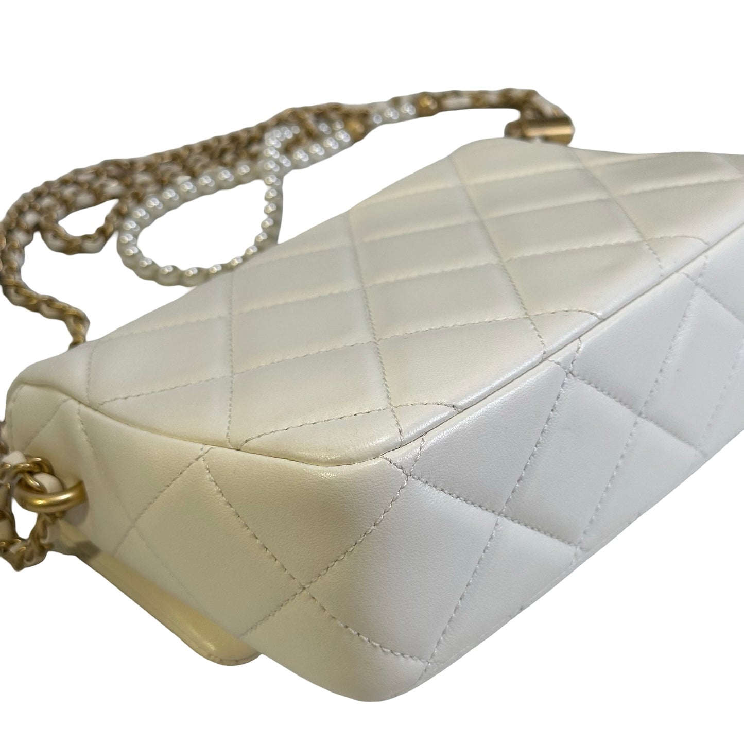Used CHANEL Lambskin Mini Flap Bag With pearl Mini Bag White