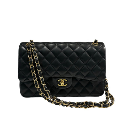 Used CHANEL Lambskin Quilted Jumbo Shoulder Bag Black Gold