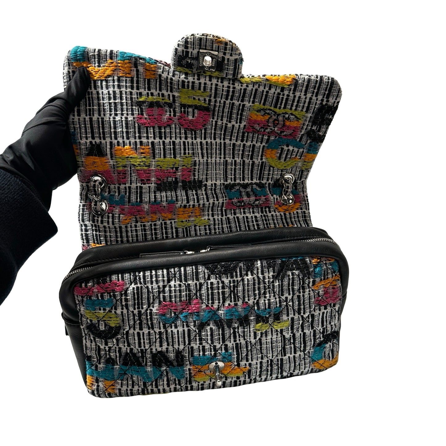 Used CHANEL Tweed Lambskin Leather Tweed No.5 Flap Shoulder Bag Multi colour PHW