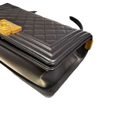 Used Chanel Calfskin Leather Boy 25cm Shoulder Bag Black GHW