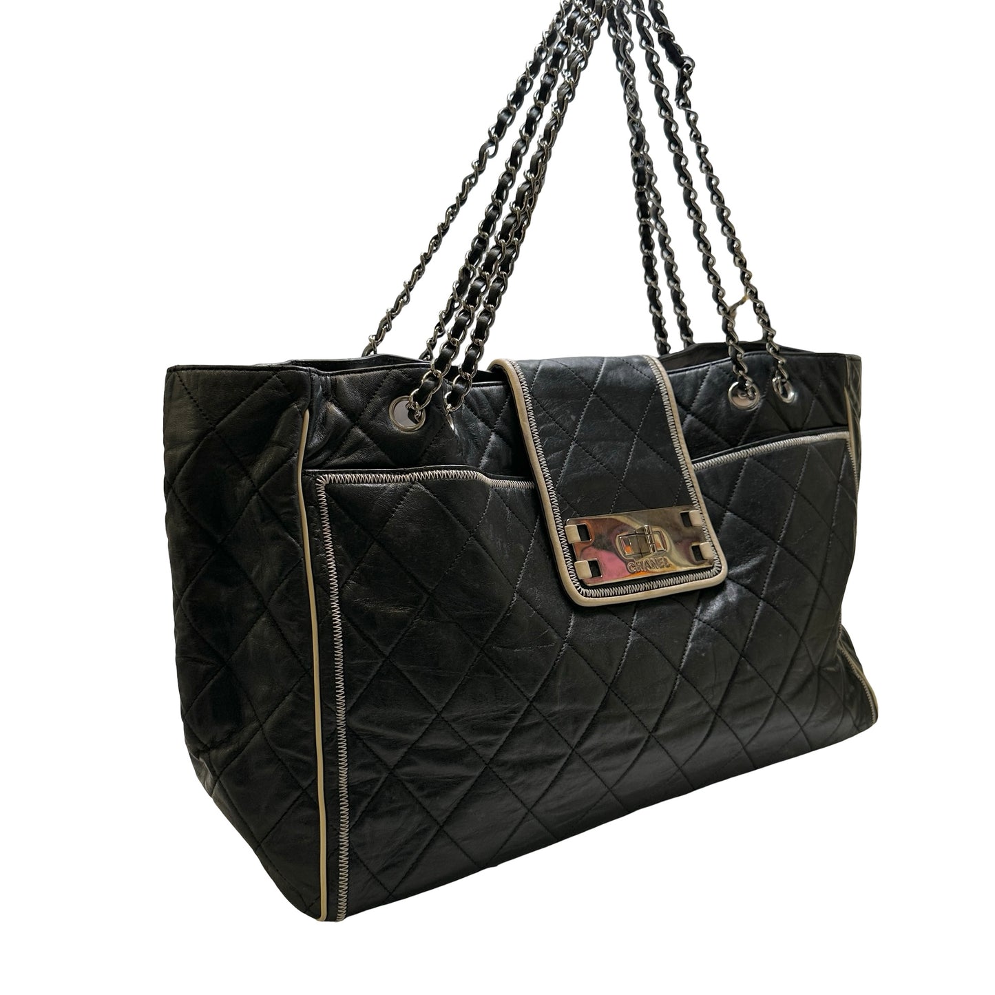 Used CHANEL Quilted Leather Quilted Tote Tote Bag Black Silver